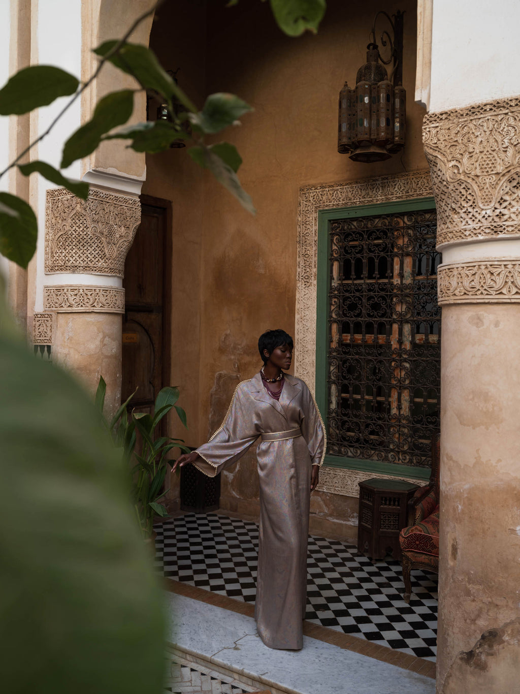 Modern Metallic Kaftan - Nude