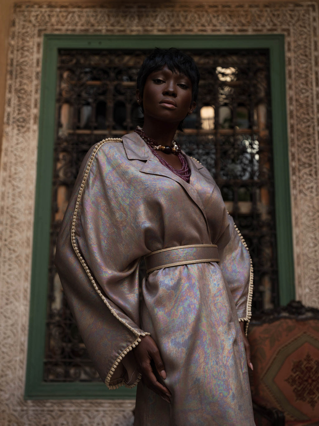 Modern Metallic Kaftan - Nude