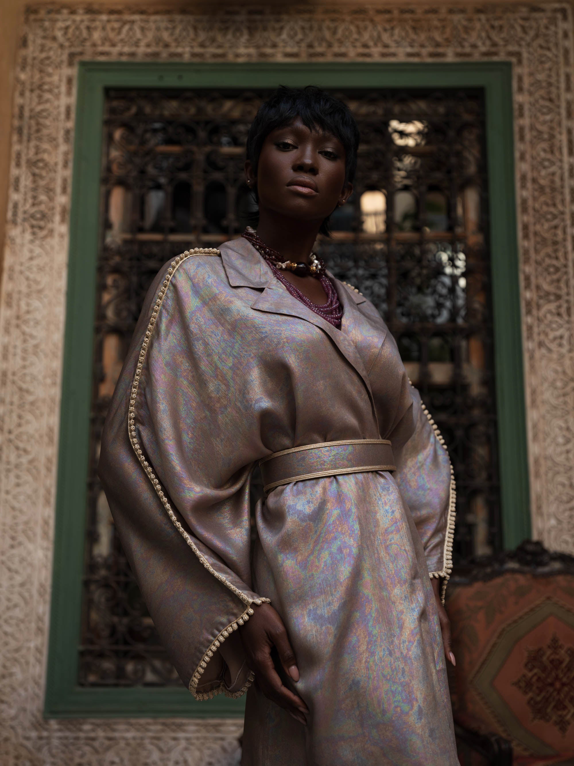 Modern Metallic Kaftan - Nude