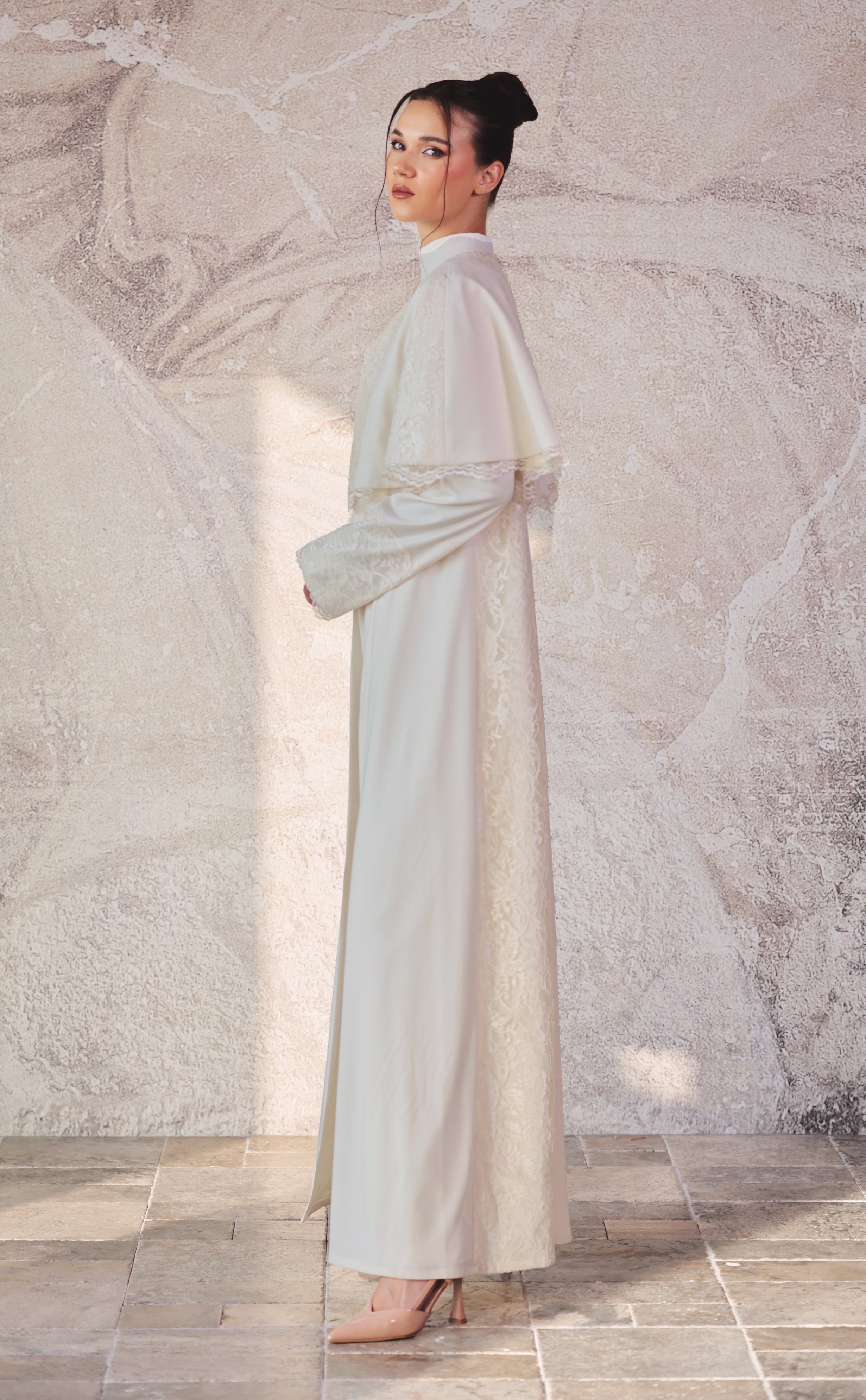 Cream Lace Abaya with Vest Detail