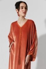 Habba-Orange Velvet Kaftan - Image 2