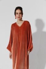 Habba-Orange Velvet Kaftan