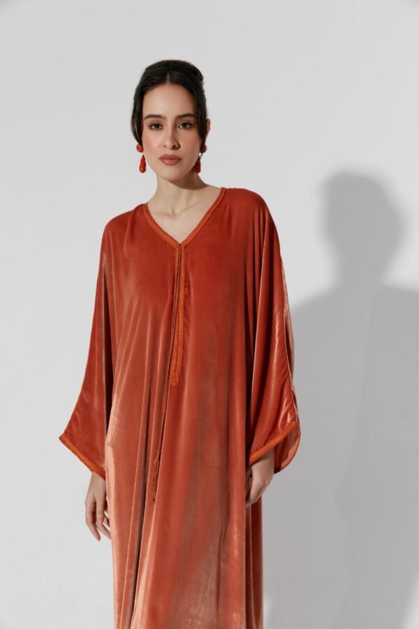 Habba-Orange Velvet Kaftan - Image 1