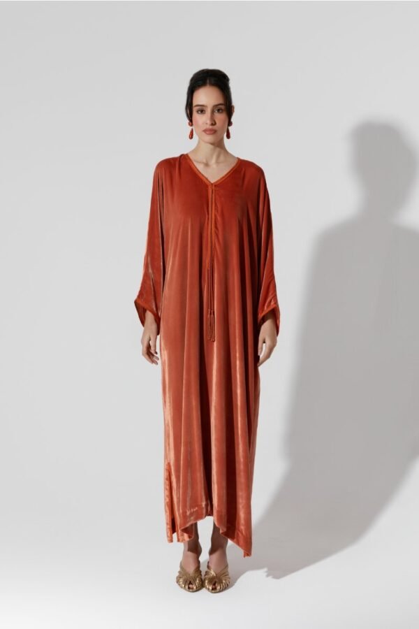 Habba-Orange Velvet Kaftan - Image 3