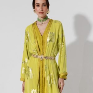 Habba-Yellow Silk and Chiffon Kaftan